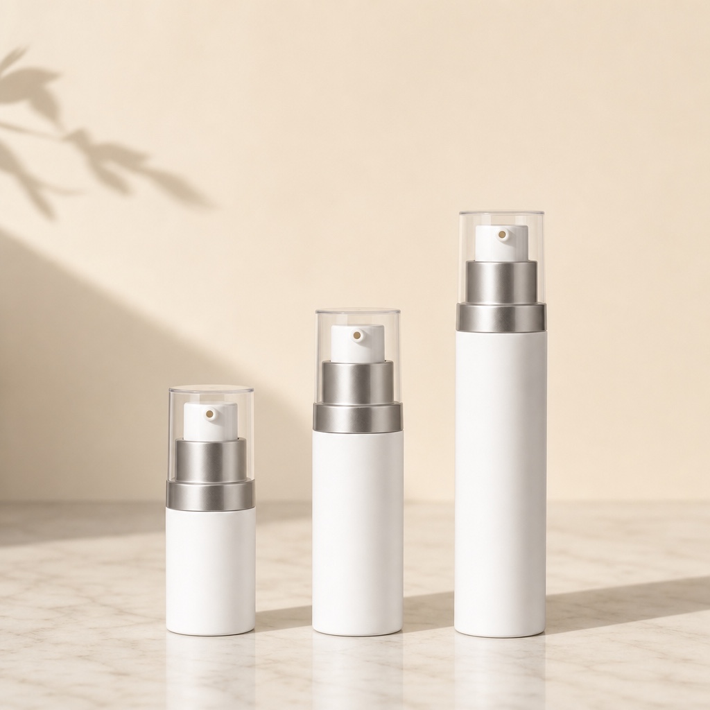 Matte white airless pump bottles and skincare packaging on warm background