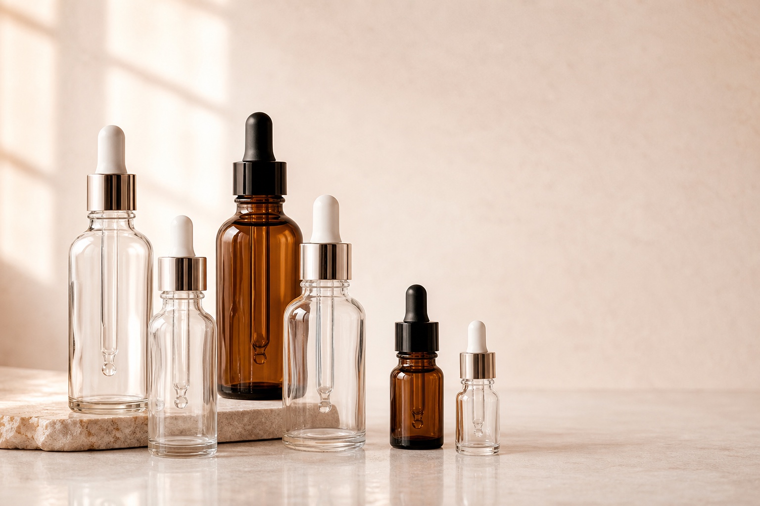 Glass serum dropper bottle collection — Vella cosmetic packaging