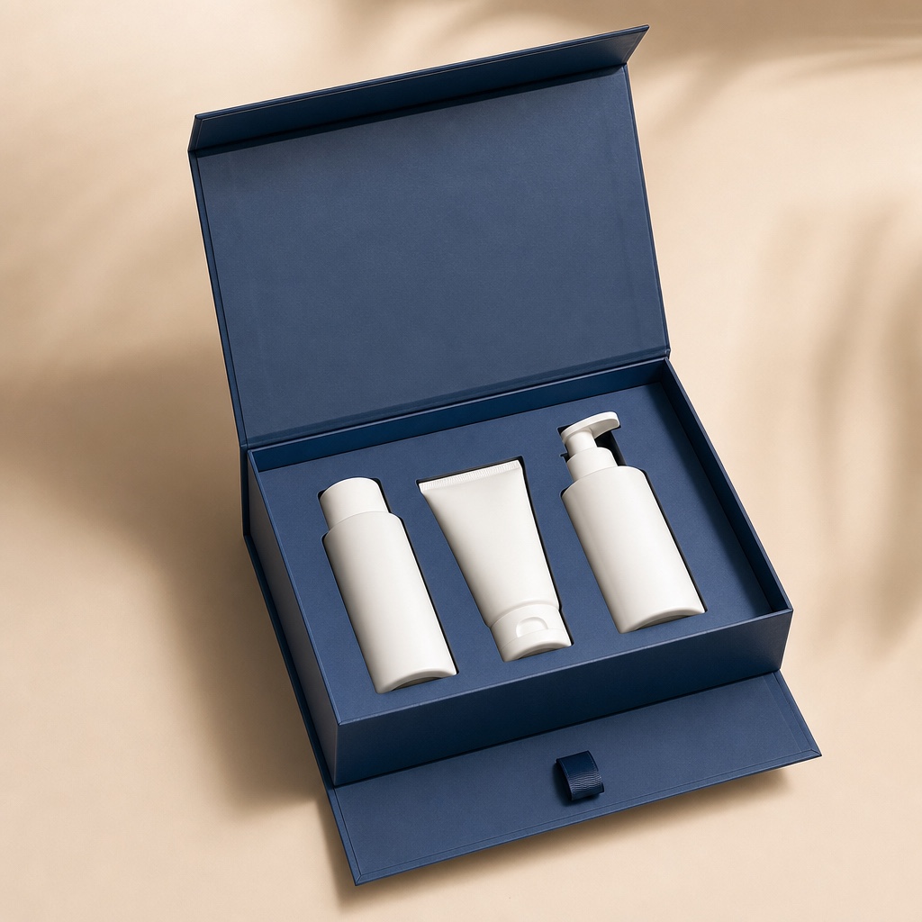 Navy magnetic closure gift box with white cosmetic set — luxury packaging