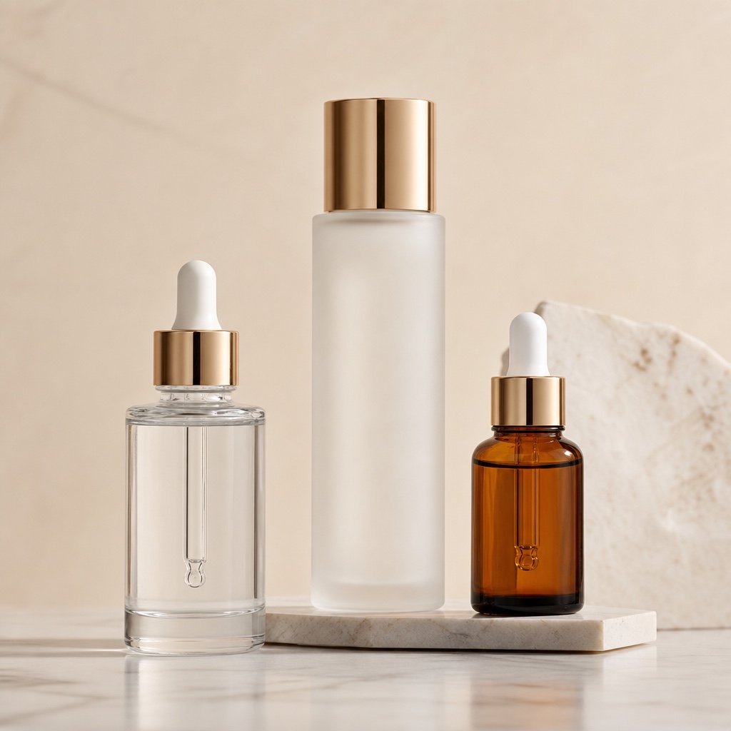 Clear frosted and amber glass skincare bottles — premium glass packaging