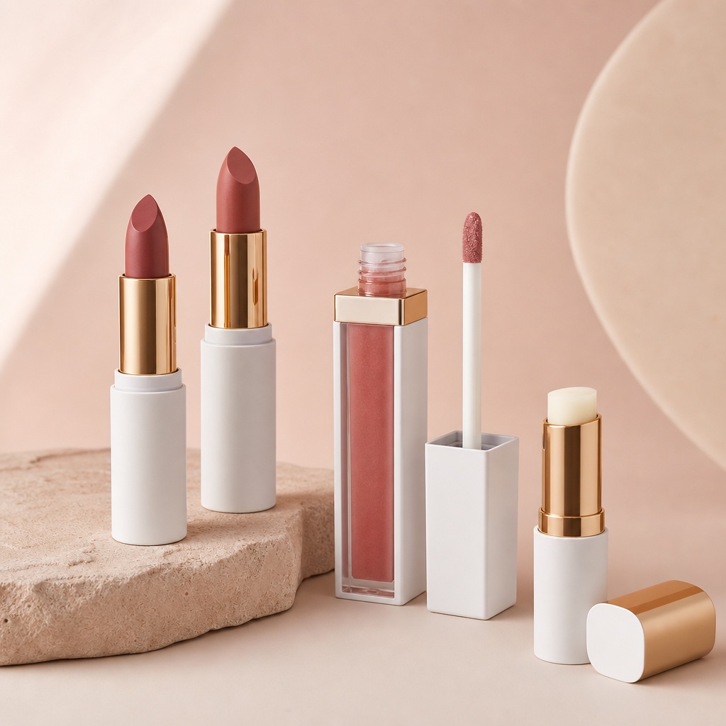 Matte white lipstick tubes and lip gloss wands — colour cosmetics packaging