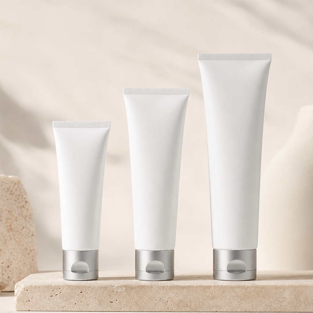 White cosmetic treatment tubes with silver caps — body and hair care packaging
